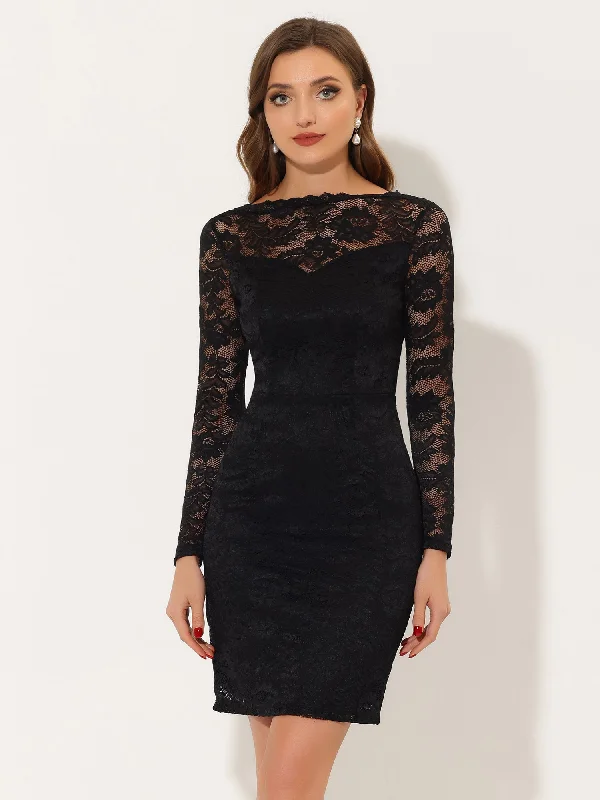 Lace Boat Neck Long Sleeve Cocktail Bodycon Pencil Dress