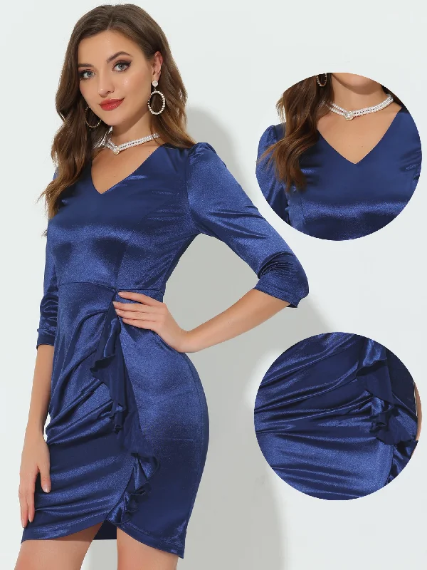 Elegant Satin V-Neck 3/4 Sleeve Ruched Cocktail Bodycon Mini Dress