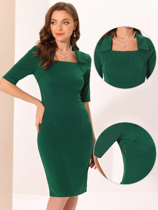 Vintage Bodycon Turndown Collar Retro 1950s Pencil Dress