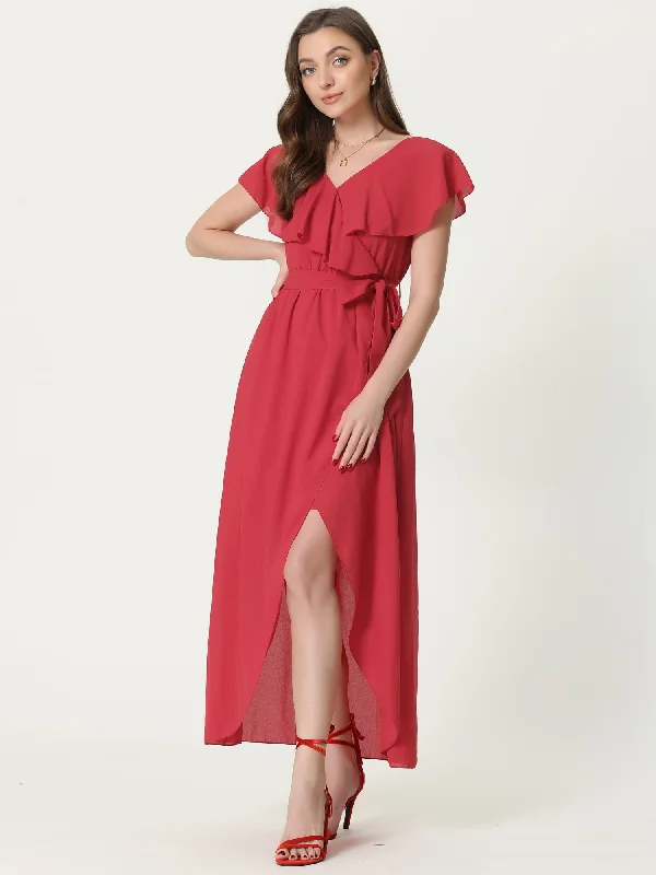 Casual Ruffled Cap Sleeve V Neck Solid Wrap Maxi Dress