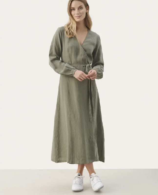 Part Two Elinora Vetiver Green Linen Dress