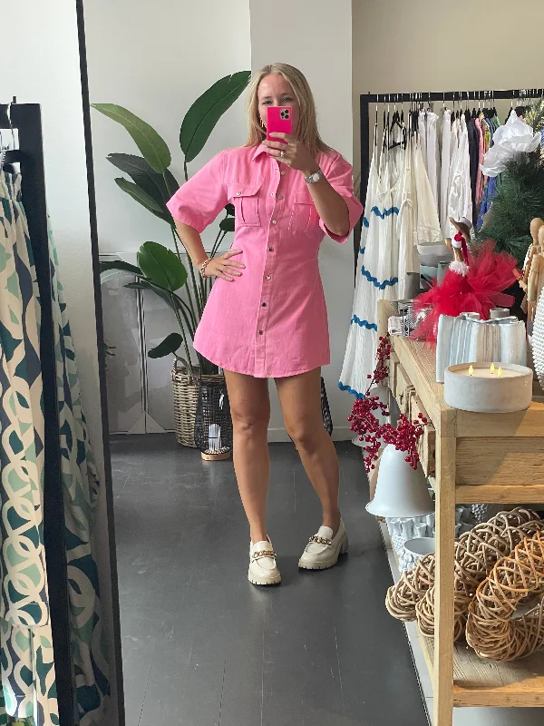 Pink Denim Mini Shirt Dress