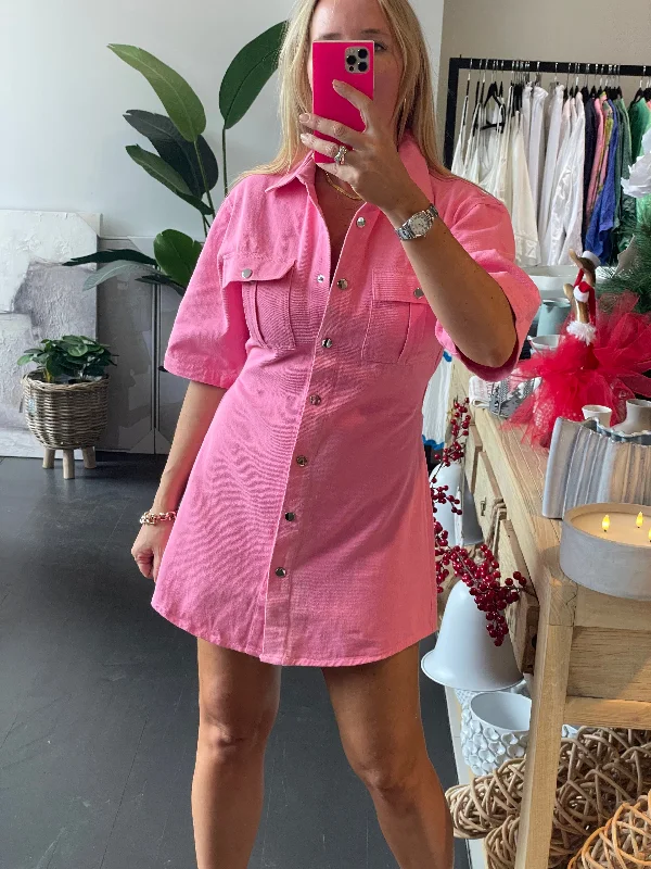 Pink Denim Mini Shirt Dress