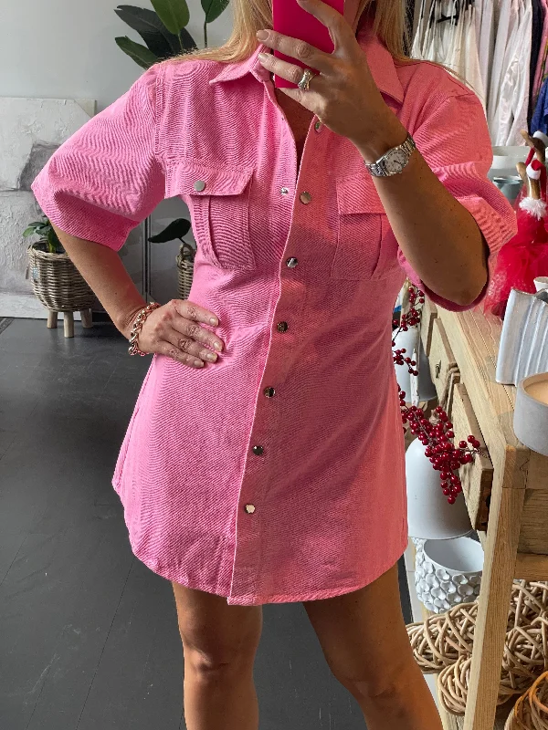 Pink Denim Mini Shirt Dress