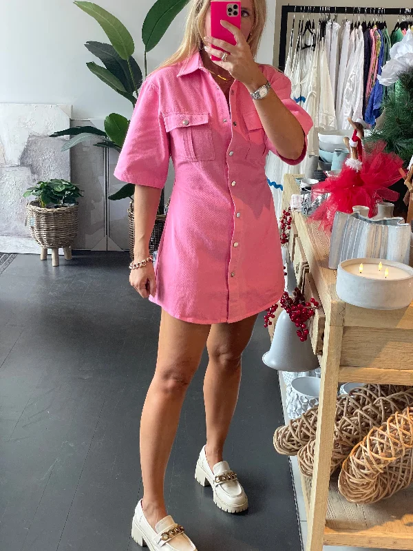 Pink Denim Mini Shirt Dress