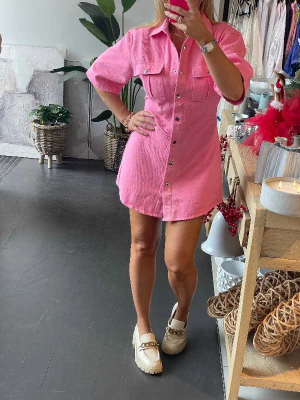 Pink Denim Mini Shirt Dress