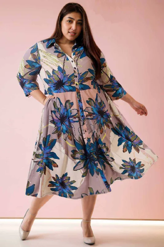 Plus Size Beige Floral Crepe Shirt Dress