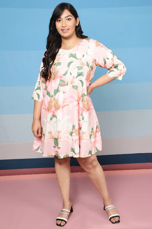 Plus Size Light Pink Floral Printed Dress