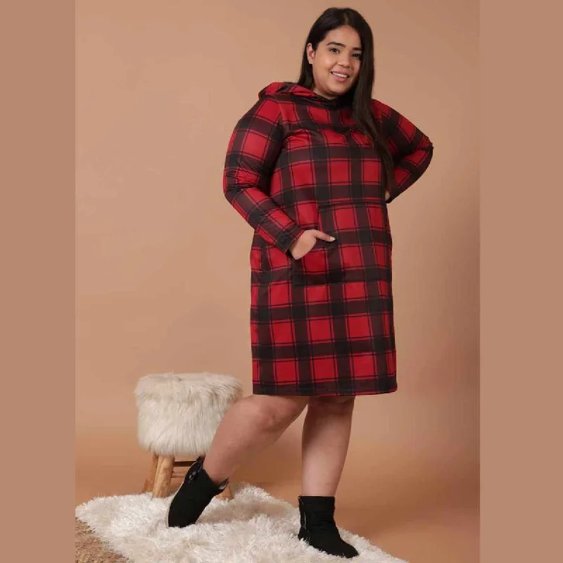 Plus Size Red Black Plaid Printed Sweatshirt Hoodie Winter Dress