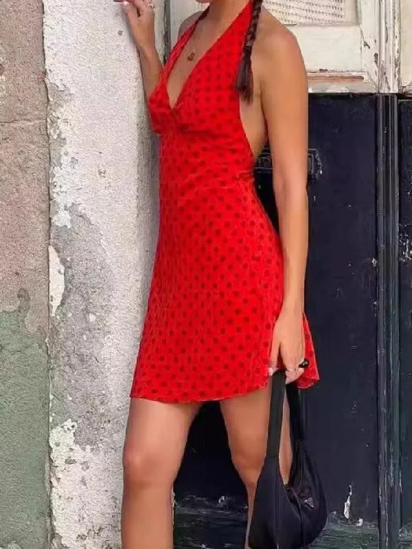 Polka Dot Halter V-Neck Short Dress