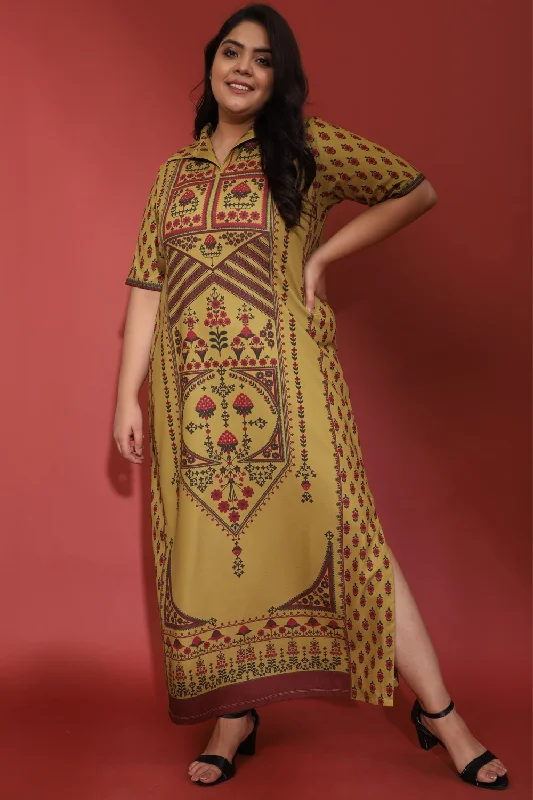 Raabta Indian Ethnic Print Mustard Long Dress With Side Slit