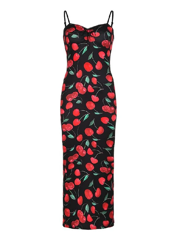 Red Cherry Print Stretch Calf-length Corset Dress