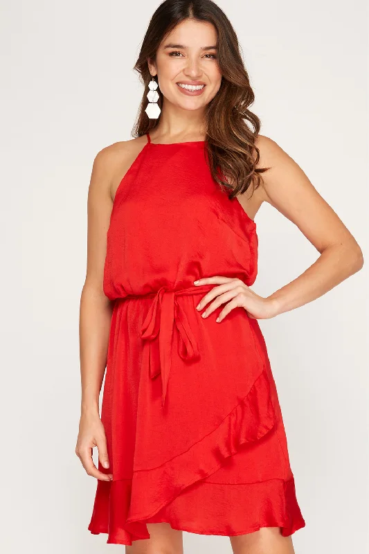 SATIN RUFFLE HEM DRESS | RED