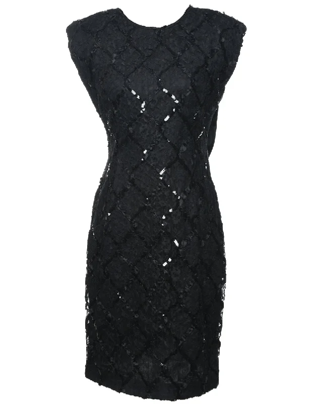 Sequined Black Sparkly Evening Dress - L