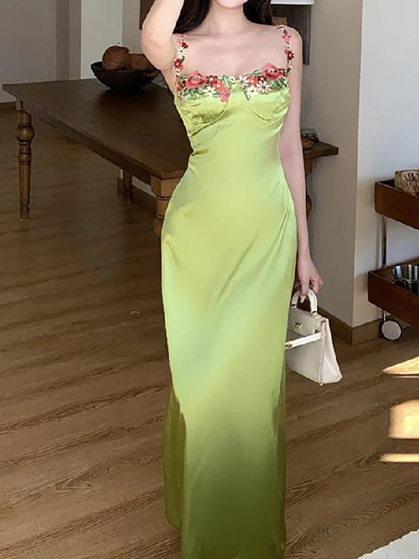 Sexy Spaghetti Strap Floral Satin Maxi Dress