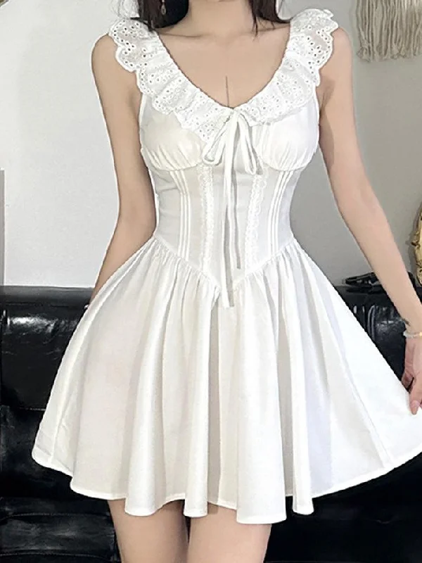 Solid Lace Trim Corset Short Dress