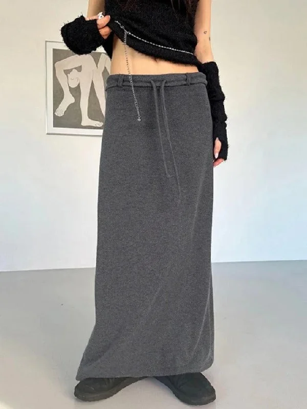 Solid Low Rise Drawstring Knit Maxi Skirt