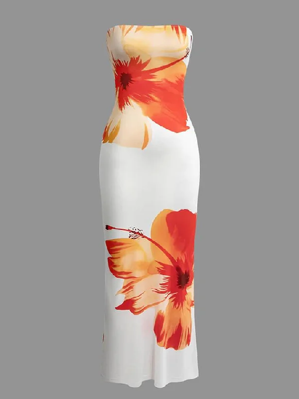 Floral Cascade Strapless Midi Dress