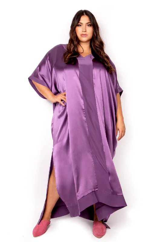 The Muse Italian Silk Caftan in Lavender with V neckline