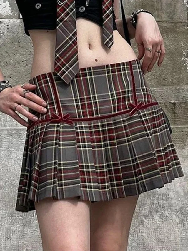 Vintage Plaid Print Bow Decor Pleated Low Rise Mini Skirt