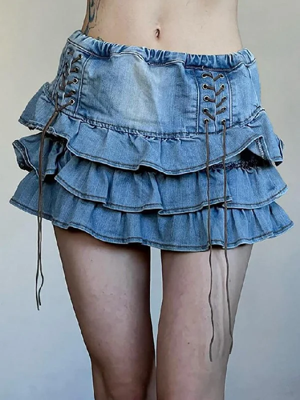 Vintage Tie High Rise Tiered Denim Mini Skirt