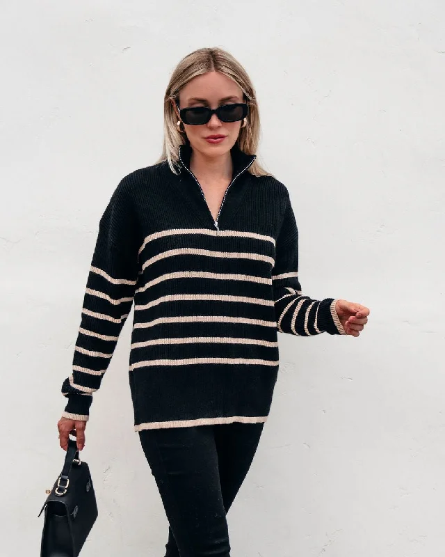 Black and Taupe Striped Zip Up Sweater