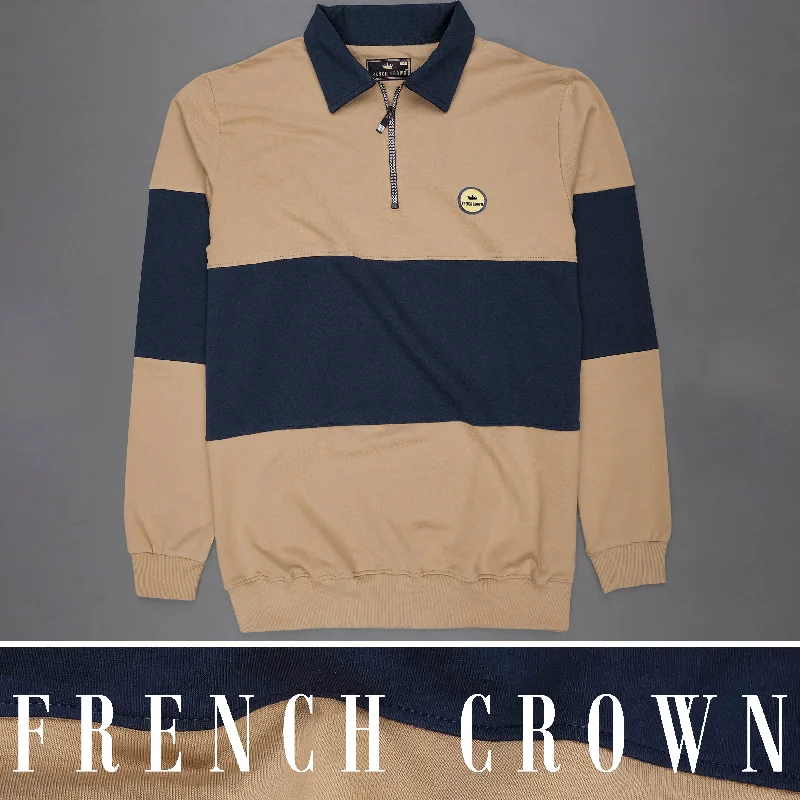 Cameo Light Brown and Ebony Blue Polo Zipper Sweatshirt