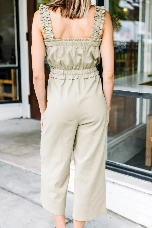 Can't Stop Now Light Olive Green Ruffled Jumpsuit