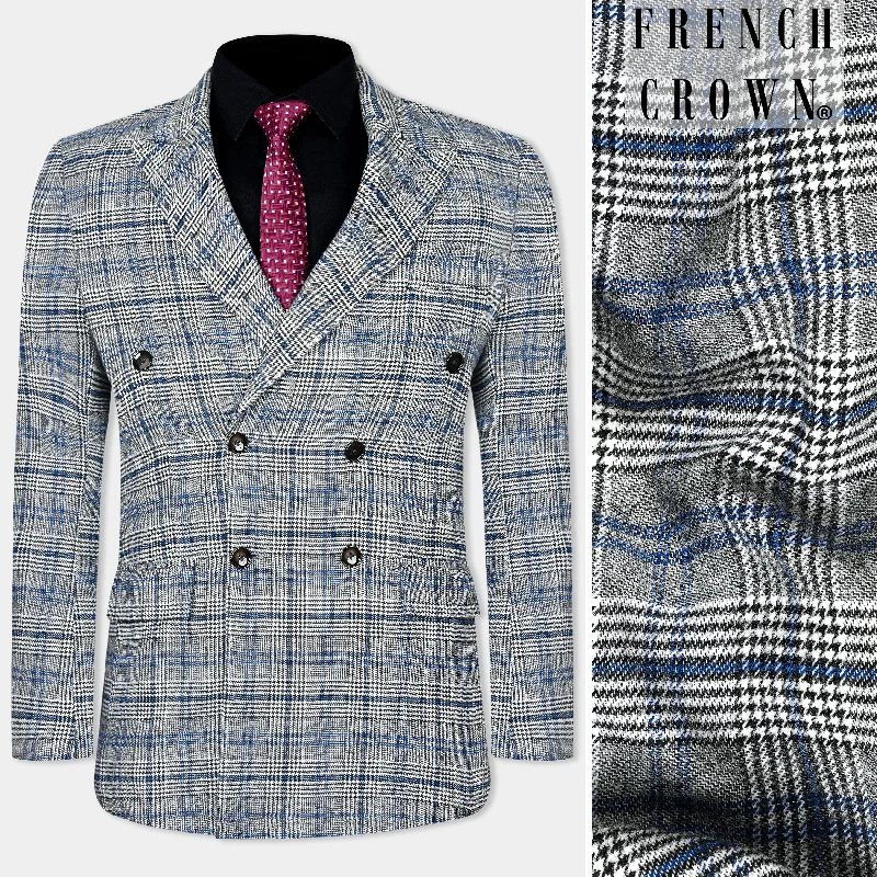 Chalice Gray and Chathams Blue Plaid Houndstooth Tweed Double-Breasted Blazer