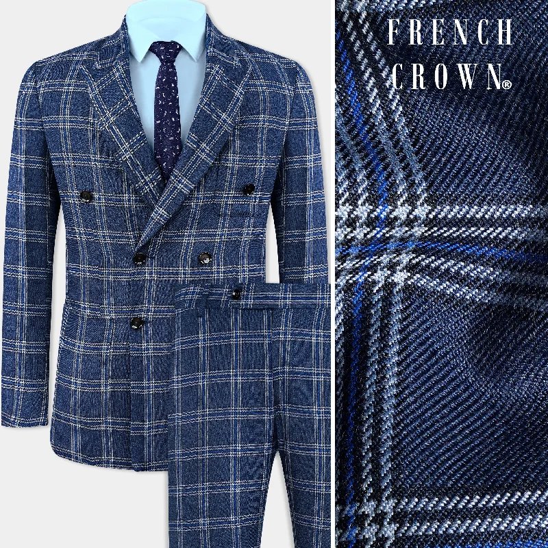 Cloud Blue and White Plaid Tweed Double Breasted Suit