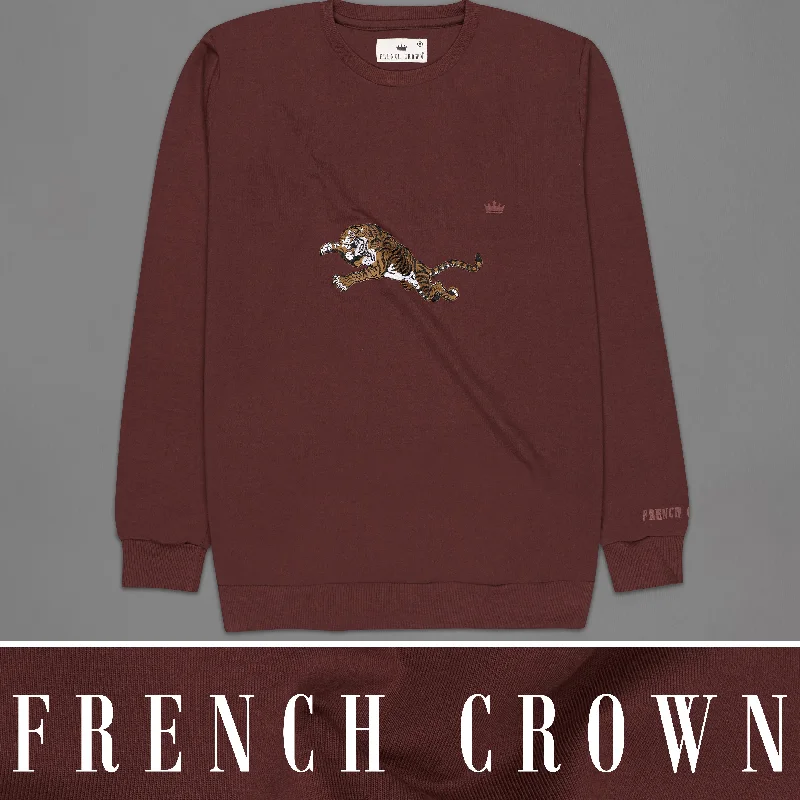 Cocoa Bean Brown Tiger Embroidered Premium cotton Sweatshirt