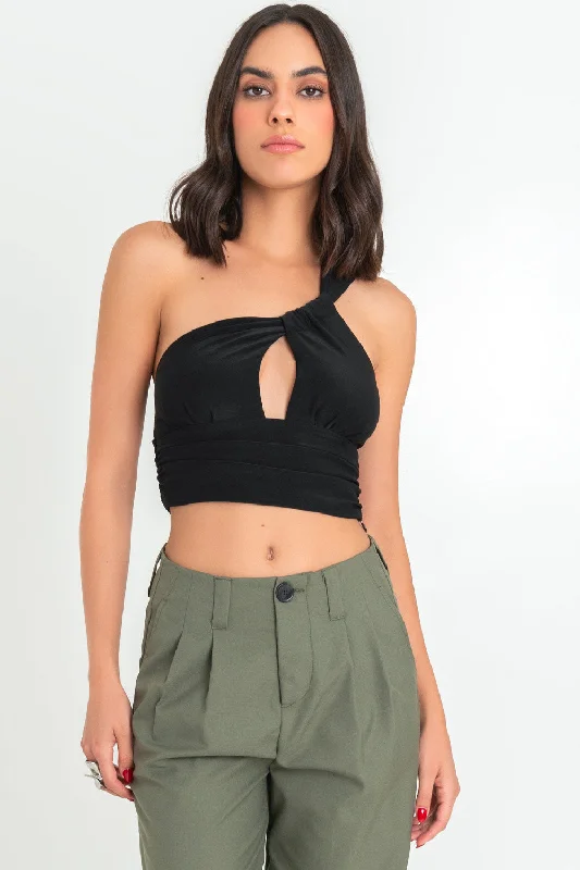 Crop top asimétrico con cut out tirante plisado