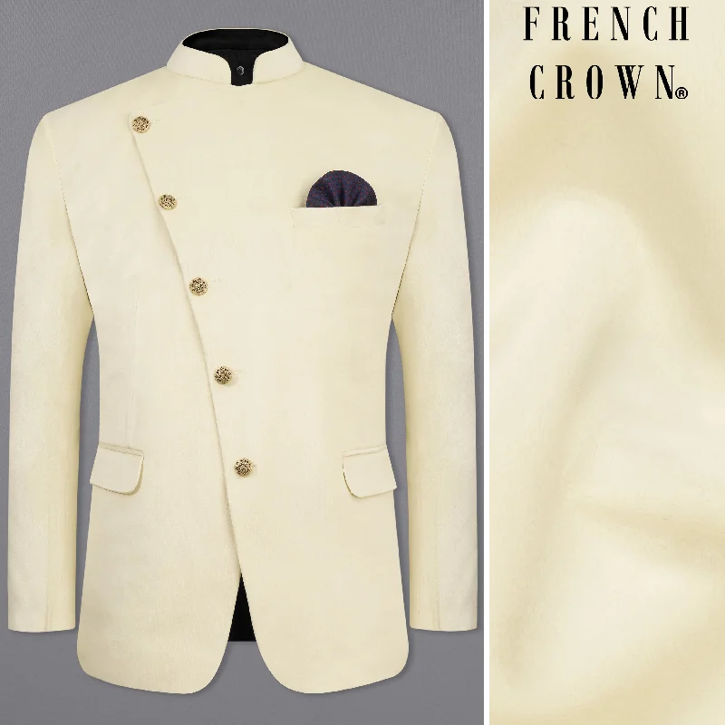 Eggshell Cream Cross Placket Bandhgala Velvet Blazer