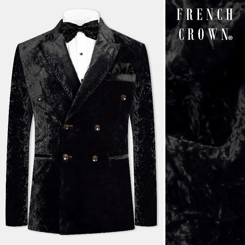 Jade Black Double Breasted Crushed Velvet Blazer