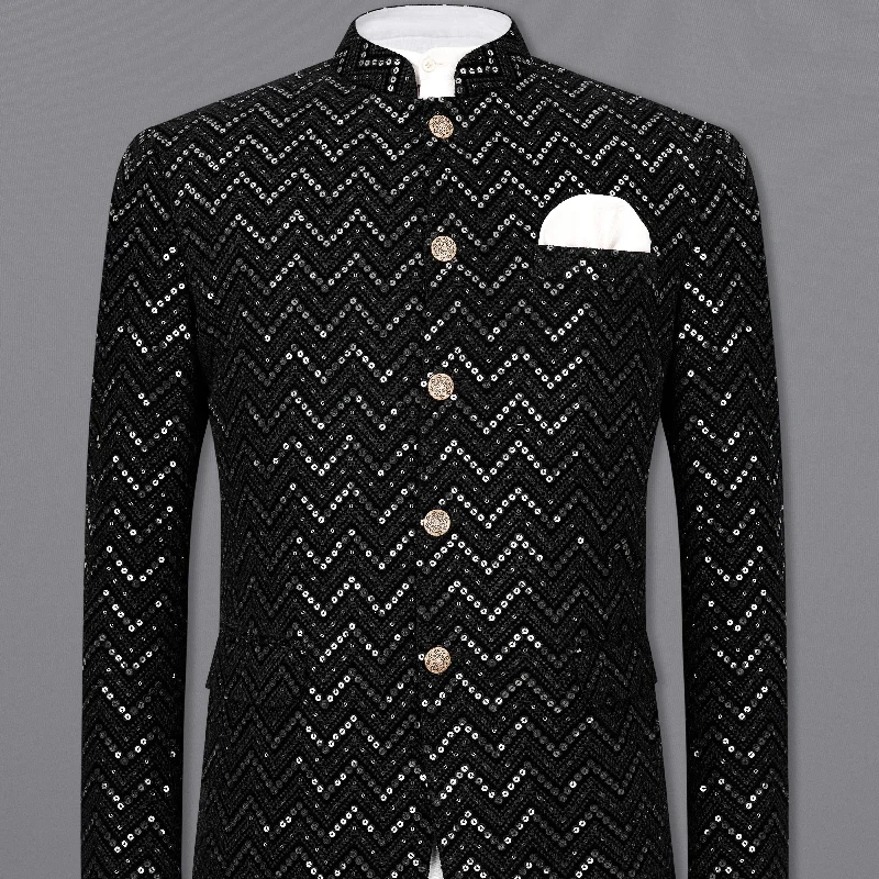 Jade Black Embroidered with Sequins Work Bandhgala Blazer