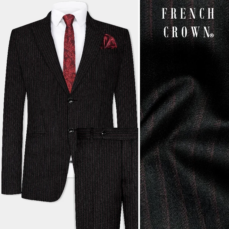 Jade Black With Iridium Maroon Striped Wool Blend Suit