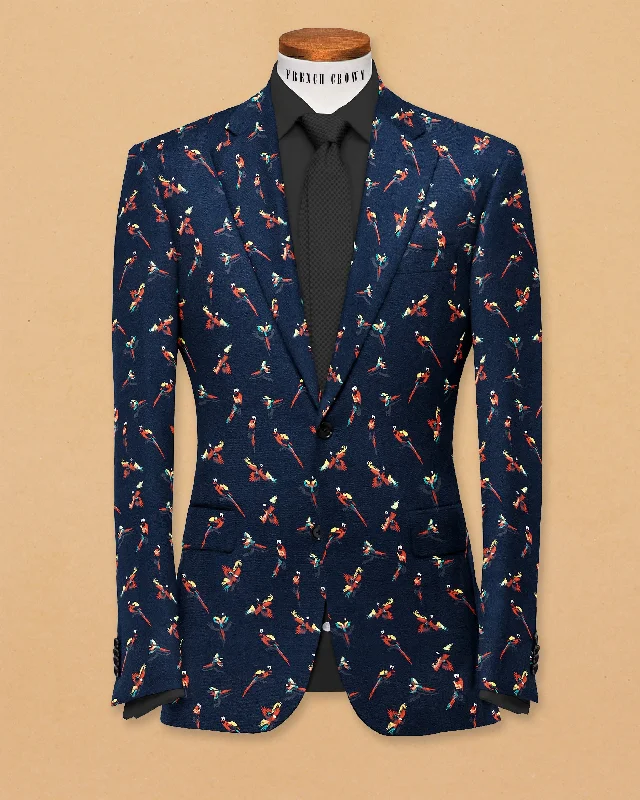 Navy Colorful Parrots Print Designer Blazer