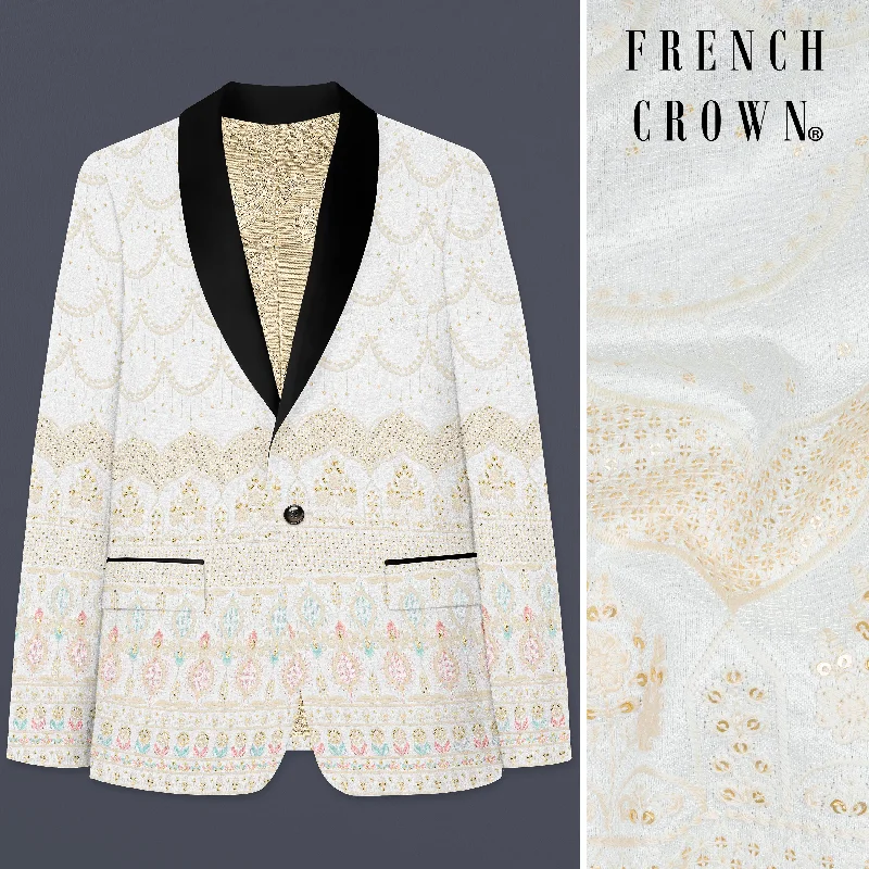 Off White And Oriental Pink Sequins Embroidered Tuxedo Blazer