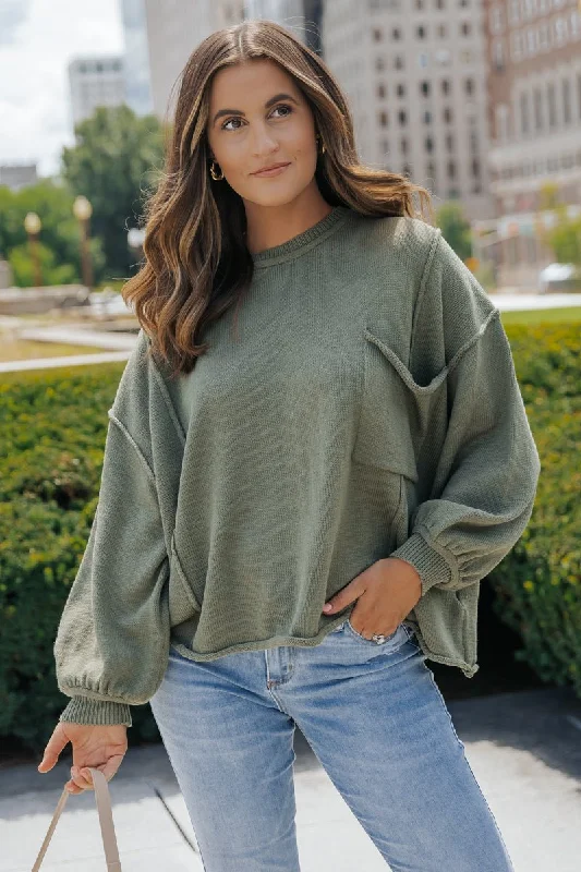 Olive Exposed Seam Pocket Sweater