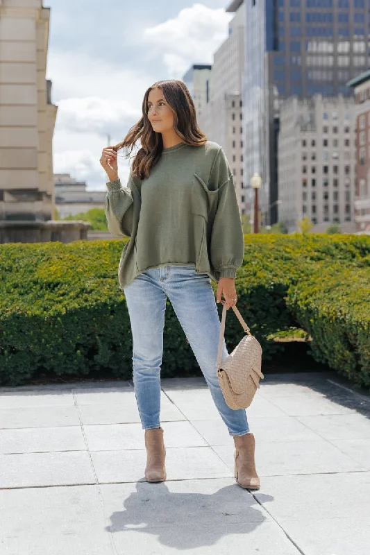 Olive Exposed Seam Pocket Sweater