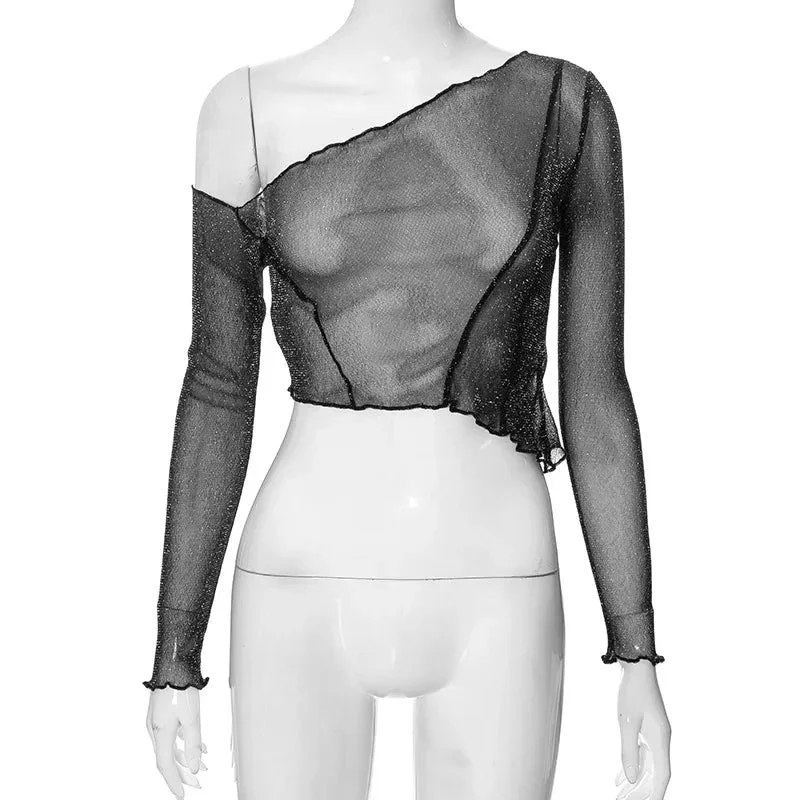 Sheer Mesh Summer See-Through Streetwear One-Shoulder Slim Cropped T-shirt