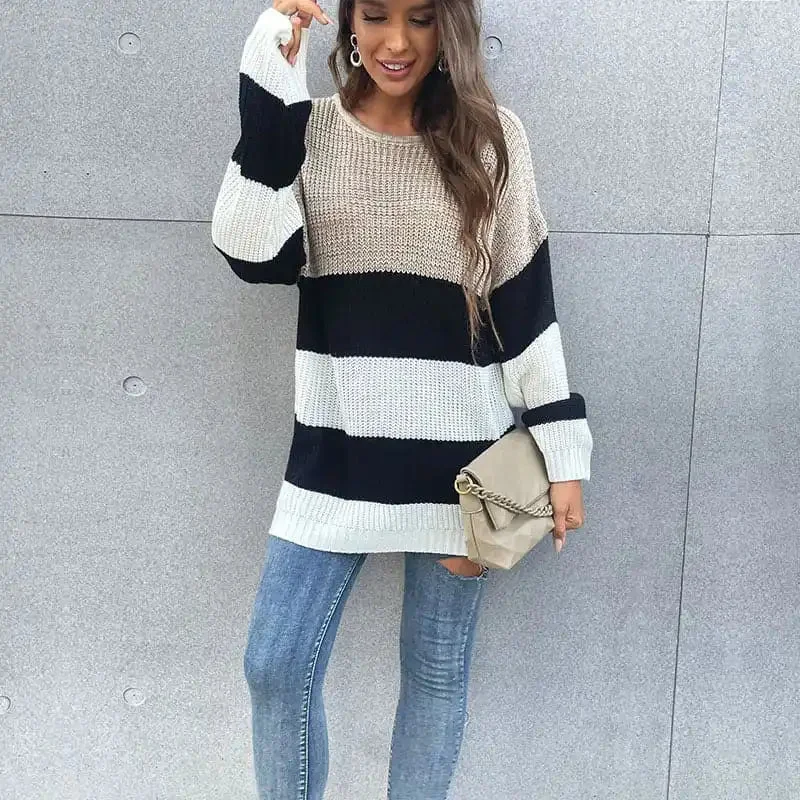 Women’s Mid-Length Striped Round Neck Knitted Sweater