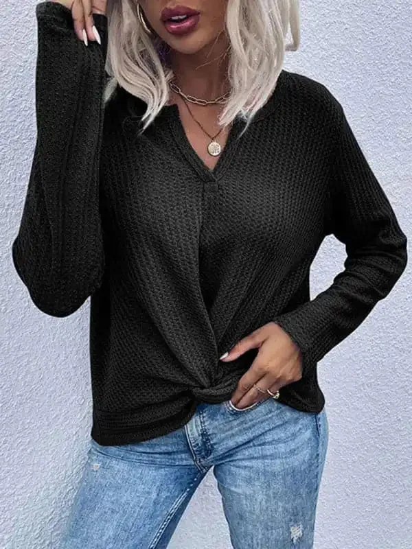 Women’s Waffle Kink Thin Solid Color Bottoming Knitted Sweater