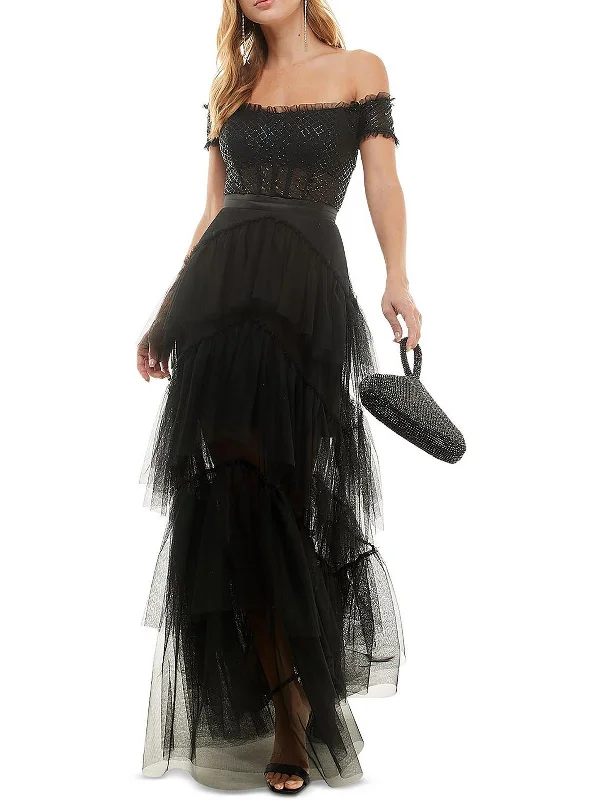 Juniors Womens Off-The-Shoulder Glitter Evening Dress Polka dot unclassified dresses